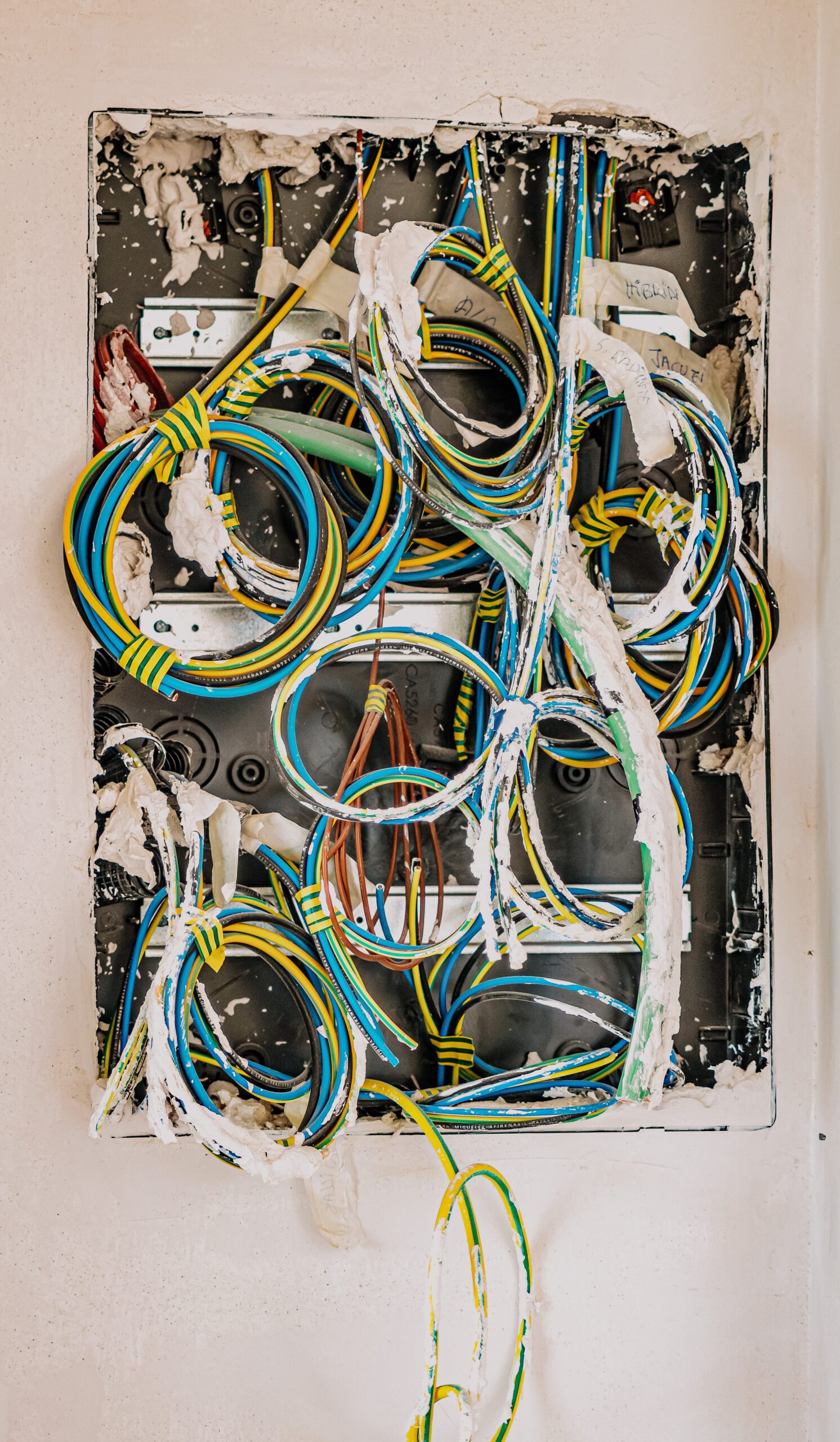 many wires emerging from wall socket