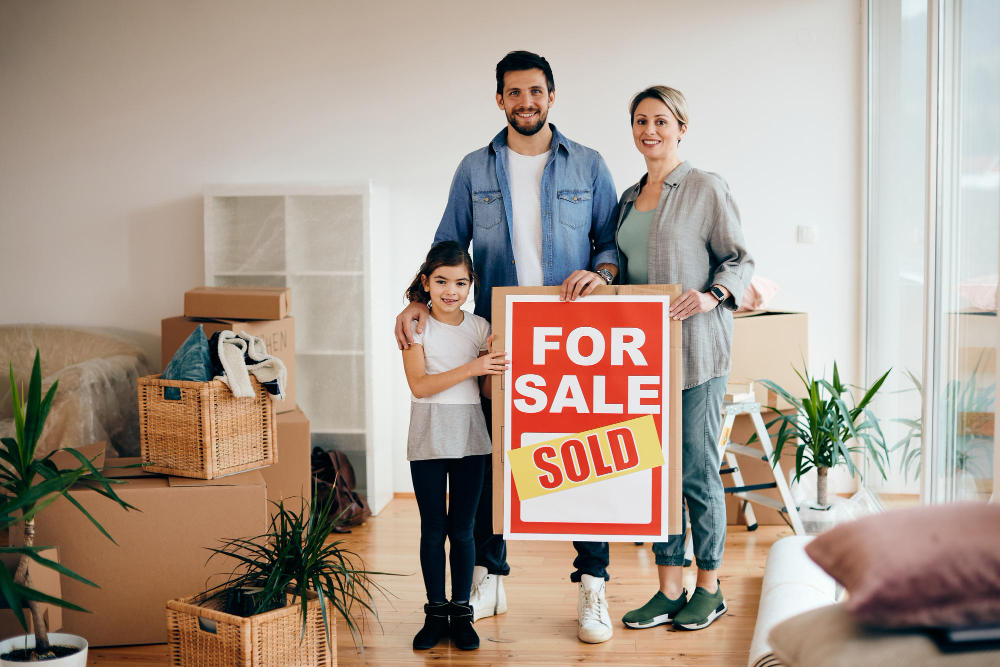 Family holding for sale sign after selling a house