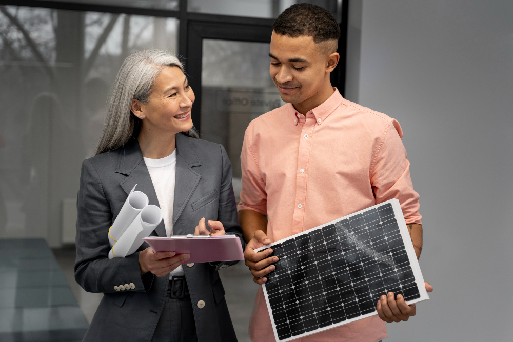 business person showing clipboard to person holding a solar panel