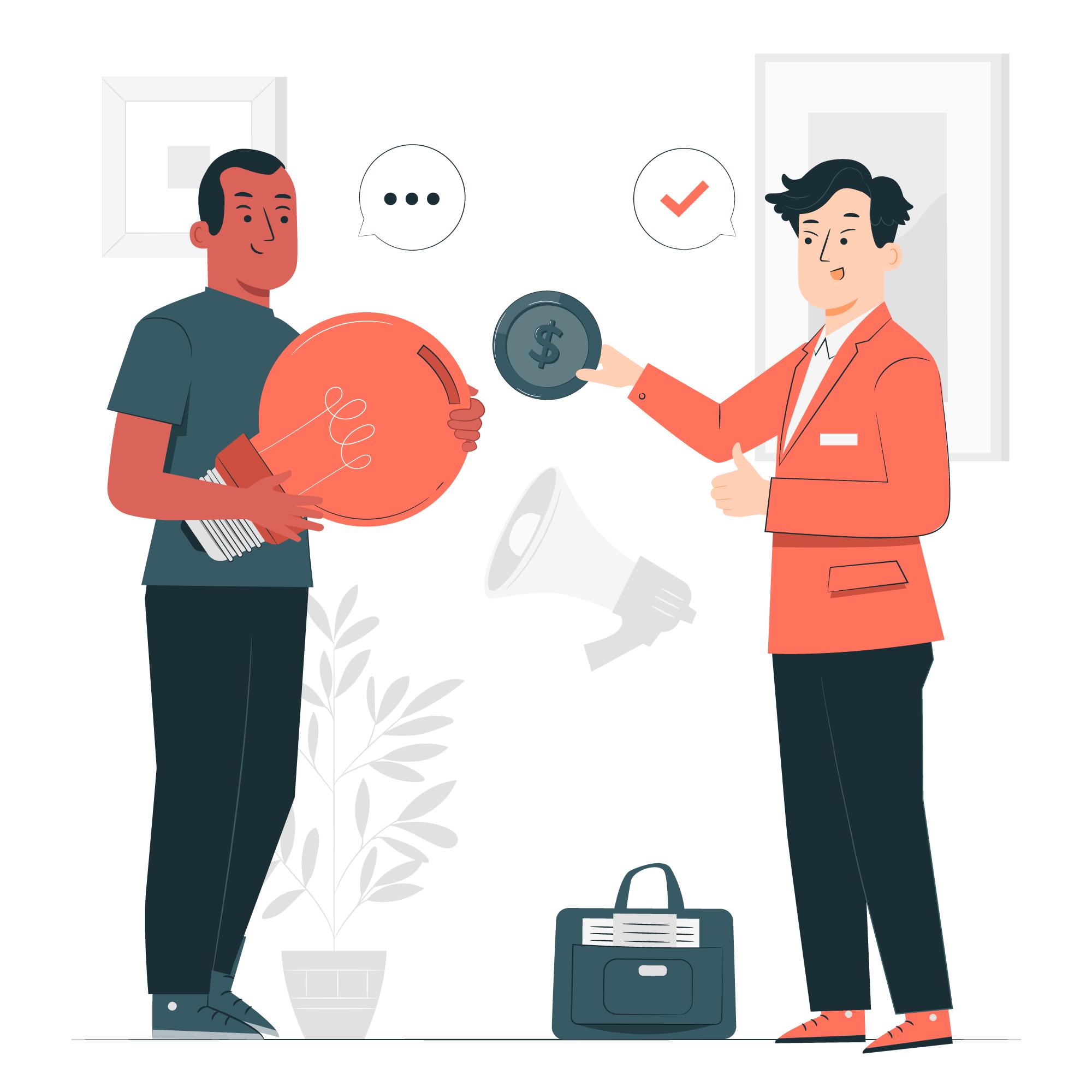 person handing money to a person holding a giant light bulb graphic vector illustration