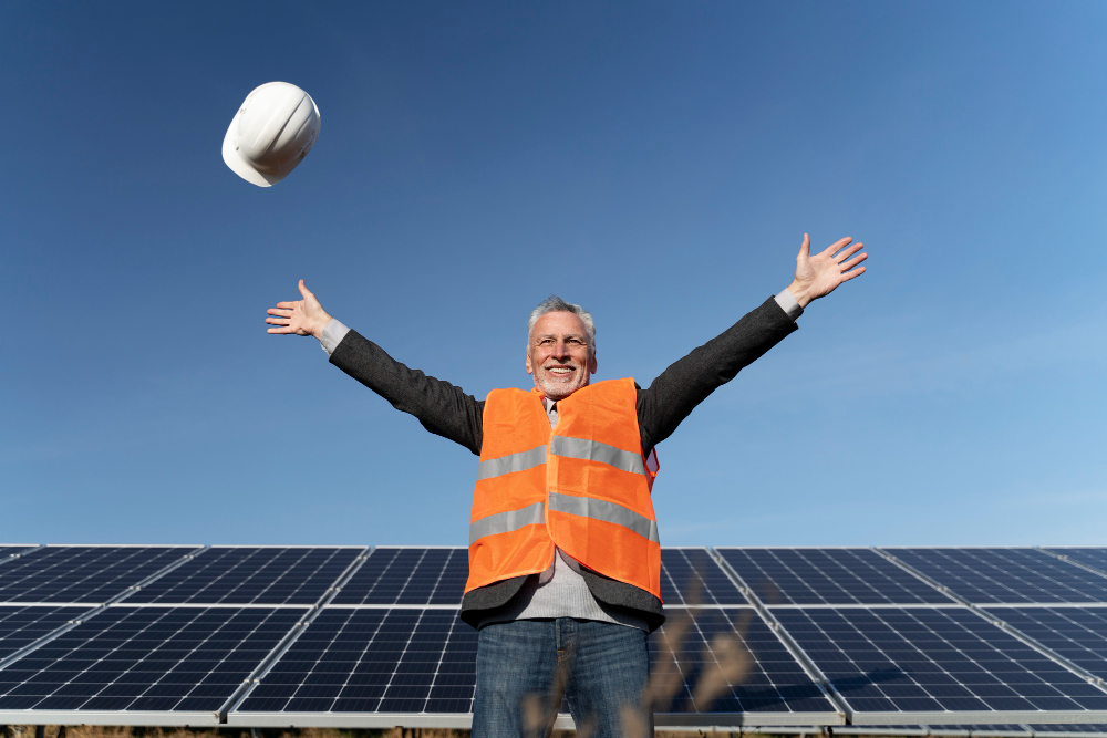 person in high vis vest celebrating near solar panels